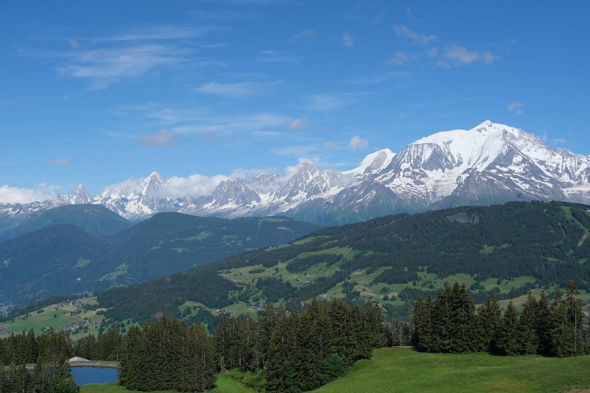 Mont Blanc panorama from Megève in summer — seven-day itinerary from Le Refuge des Anges, French Alps